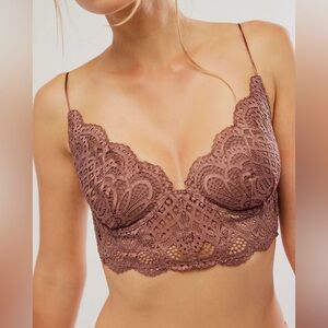 INTIMATELY FREE PEOPLE All Yours Lace Longline Underwire Bra‎ Bralette Brown New